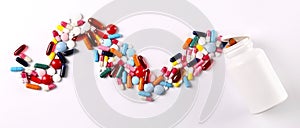 Rustic composition with multiple pills laid out in a pattern