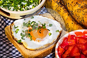 Rustic composition with sausages rolls, fried egg on toast bread, different bowls with sauce and chopped vegetables