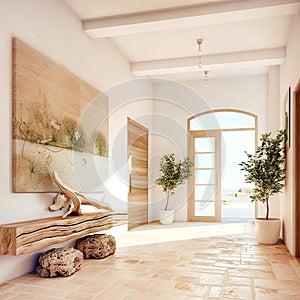 Rustic console table and wooden arched door in hallway with stone tiled floor. Interior design of modern rustic entrance hall in