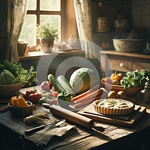 Rustic Cooking Scene: Country Kitchen Delights and Garden Bounty