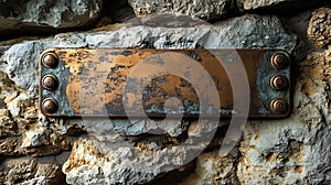 Rustic copper plaque stone wall background texture
