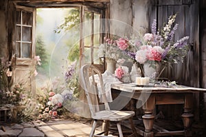 Rustic cottage interior with blooming garden view