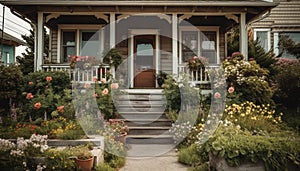 A rustic cottage with a multi colored flower pot on the porch generated by AI