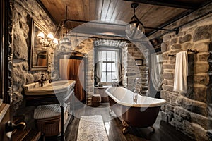 rustic and cottage-style bathroom with natural stone shower and clawfoot tub