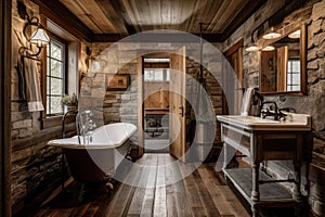 rustic and cottage-style bathroom with natural stone shower and clawfoot tub