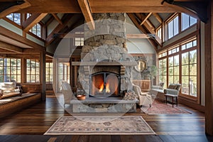 rustic and cottage-style home with cozy fireplace and plush rug