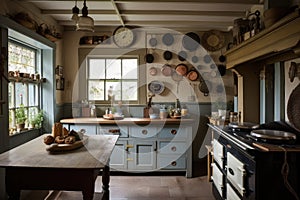 rustic and cottage-style kitchen, with vintage style appliances and knickknacks