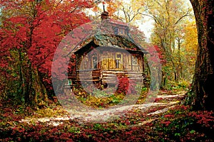 Rustic cottage in the woodland in autumn
