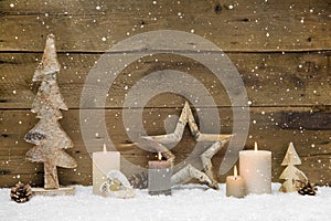 Rustic country background - wood - with candles and snowflakes f