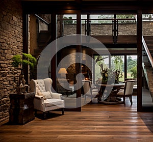 Rustic country house reception entrance area with natural wood flooring and stone walls looking into the dining area Generative AI