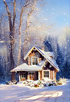 Rustic country house, snowy winter