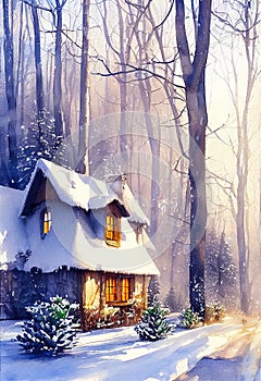 Rustic country house, snowy winter