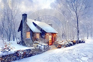 Rustic country house, snowy winter