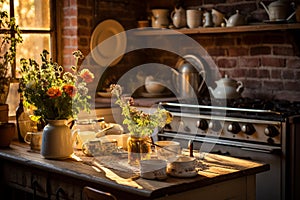 A rustic country kitchen with a farmhouse table, vintage appliances, and handmade pottery.