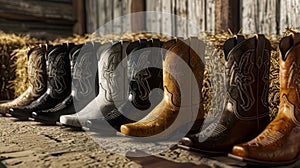 Rustic Country Western Boots Lined Up in Barn Setting