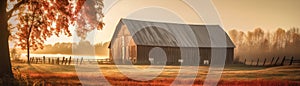 Rustic Countryside Barn With A Hazy Sunrise Glow Banner Background. Generative AI