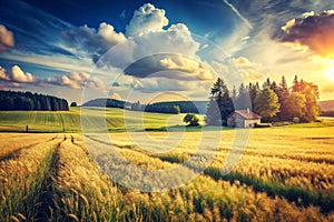 Rural Summer Landscape with Green Grass Vintage Film Effect photo