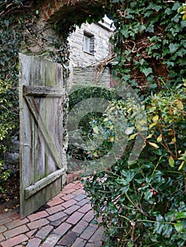 Rustic Courtyard With Wood Gate and Brick Path