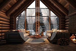Rustic and cozy log cabin interior featuring a home mockup, 3D rendered