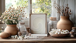 Rustic Craft Workspace with Flowers Blank Paper and Crafting Tools photo