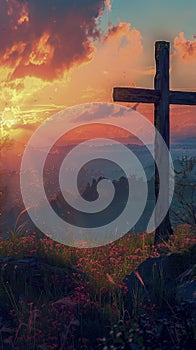 Rustic Cross Silhouette Against Fiery Sunset Sky