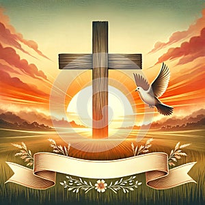 Rustic Cross at Sunrise: Hope in Remembrance - with Copyspace
