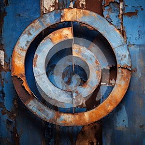 Rustic Cubist Photography: Blue Rusted Metal Circle In Geometric Forms