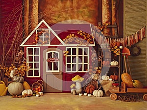 Rustic custom made sett up,tematic fall decor with cute house