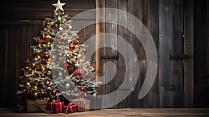 Rustic decorated Christmas tree near wooden wall web banner. Vintage natural decor christmas tree on wooden background with copy