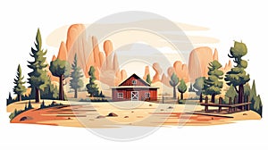 Rustic Desert House: Mid-century Illustration Of Isolated Ranch In Western Landscape