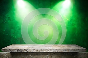 empty marble table at foreground and cement stone at background with green light from above for product displayed in rustic mood. photo