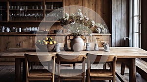 A rustic dining room with a wooden table and vintage decor