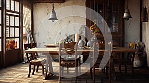 A rustic dining room with a wooden table and vintage decor