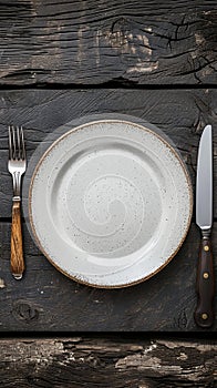 Rustic dining style Empty plate, fork, knife on gray wood