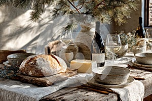 Rustic dining table set with fresh bread, cheese, wine, and tableware