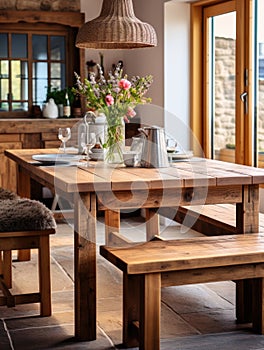 Rustic dining table and wooden bench. Interior design of modern dining room in country house