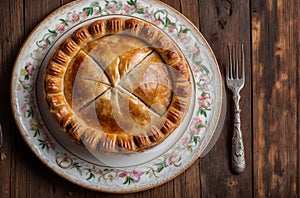 A rustic dish with a golden-brown pie with a golden crust on a floral plate