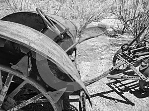 Rustic early farm tractor details, infrared