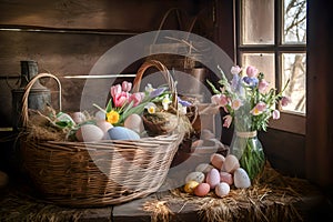 Rustic Easter Basket with Colorful Eggs and Spring Flowers on Wooden Table