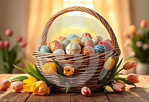 Rustic Easter Basket with Hand-Painted Eggs and Spring Tulips