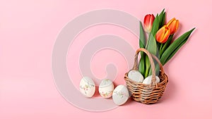 Rustic Easter Basket with Tulips and Hand-Painted Eggs - AI Generated