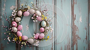 Rustic Easter Egg Wreath Hanging on Vintage Distressed Wooden Door