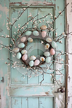 Rustic Easter Egg Wreath Hanging on Vintage Distressed Wooden Door