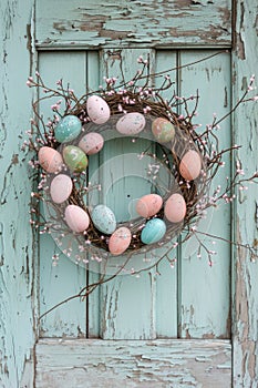 Rustic Easter Egg Wreath Hanging on Vintage Distressed Wooden Door