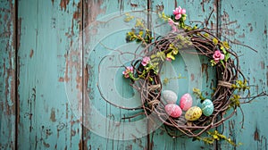 Rustic Easter Egg Wreath Hanging on Vintage Distressed Wooden Door