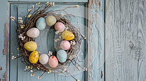 Rustic Easter Egg Wreath Hanging on Vintage Distressed Wooden Door
