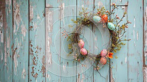 Rustic Easter Egg Wreath Hanging on Vintage Distressed Wooden Door