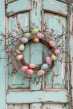 Rustic Easter Egg Wreath Hanging on Vintage Distressed Wooden Door