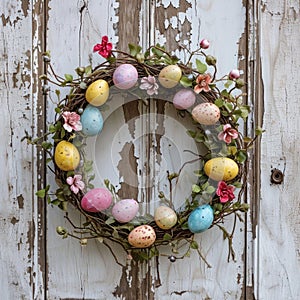 Rustic Easter Egg Wreath Hanging on Vintage Distressed Wooden Door