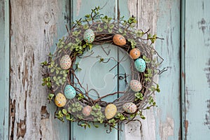 Rustic Easter Egg Wreath Hanging on Vintage Distressed Wooden Door